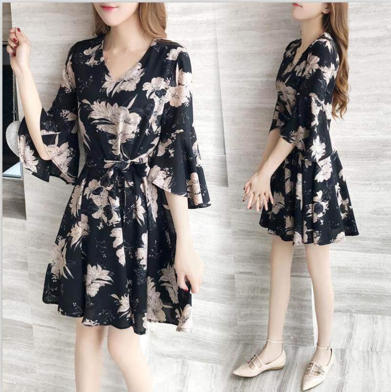 Women Dress 2021 Summer Korean Floral Women's Mid-Length Round Neck Short-Sleeved Skirt Crop Top Casual Dresses