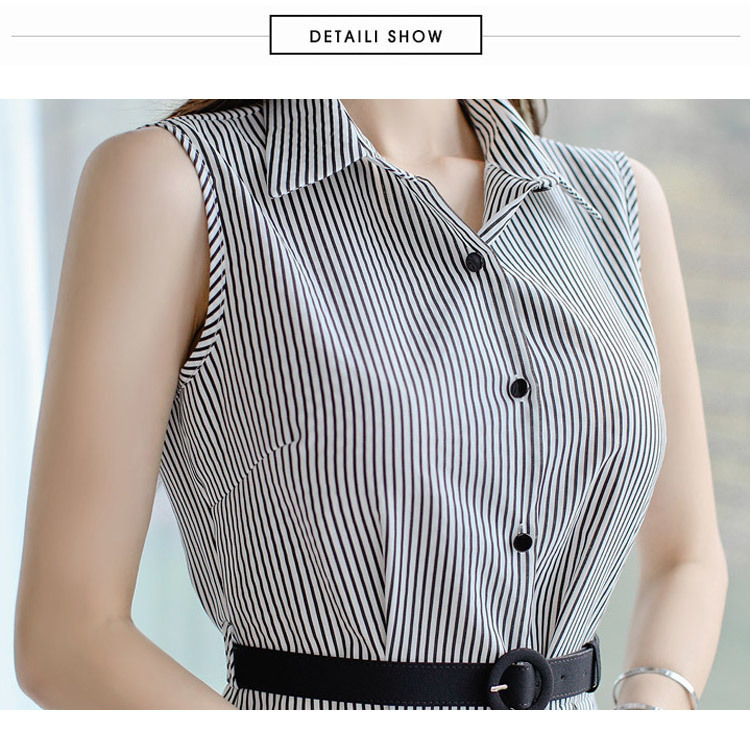 Summer Korea Striped Dresses Sleeveless Belt Single Breasted Irregular Mid-Calf Casual Women's Clothes 210518