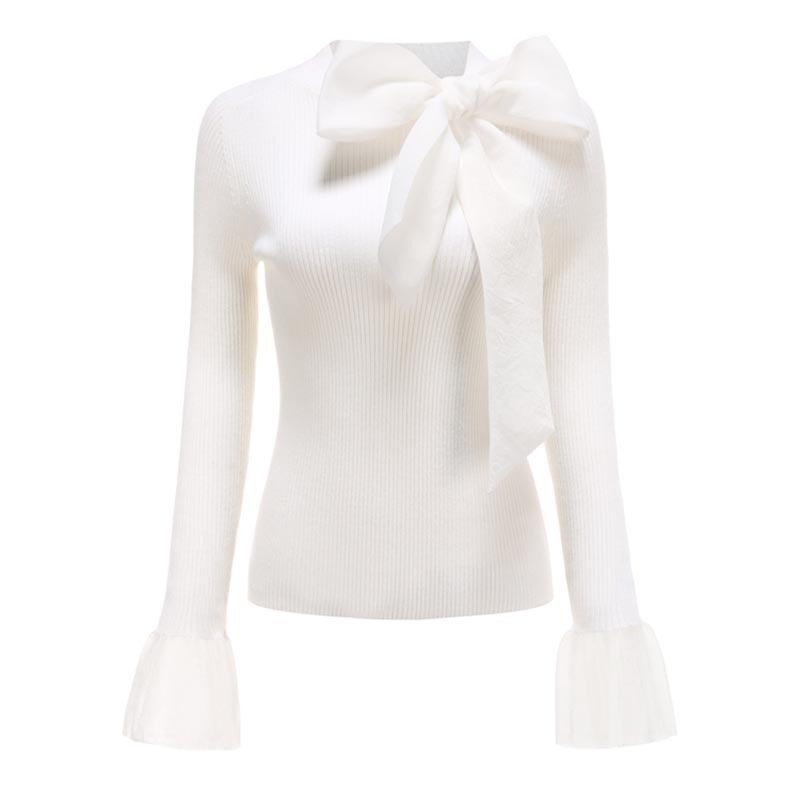 TWOTWINSTYLE Elegant Patchwork Bowknot Sweater For Women O Neck Long Sleeve Slim Knitted Pullovers Female Fashion Clothing 210517