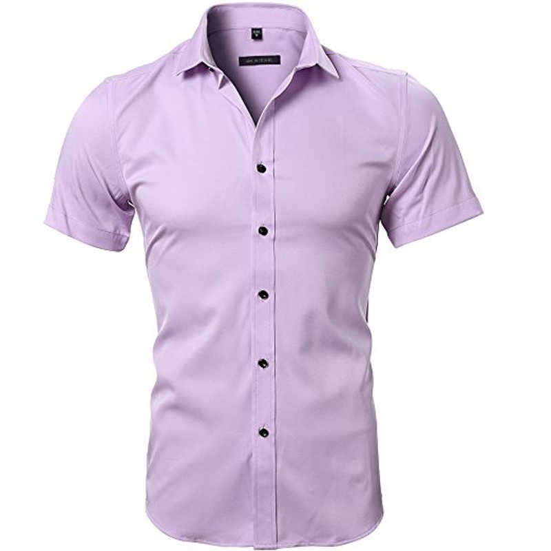 Blue Bamboo Fiber Shirt Men Summer Short Sleeve Mens Dress Shirts Casual Slim Fit Easy Care Solid Non Iron Chemise Homme 210721