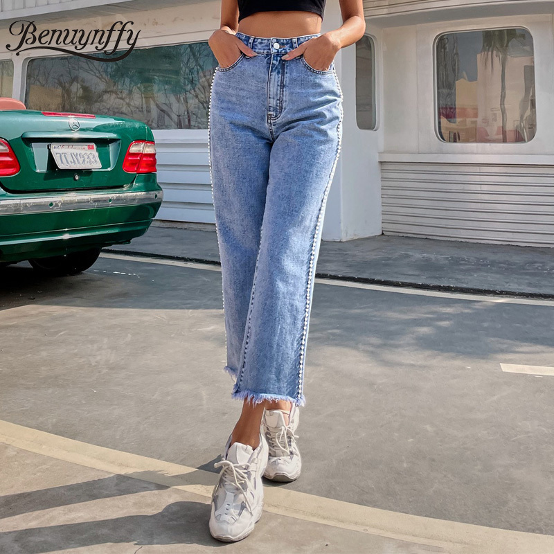Side Detail Raw Hem Boyfriend Jeans Woman Korean Fashion Streetwear High Waist Baggy Casual Mom Straight Denim Pants 210510