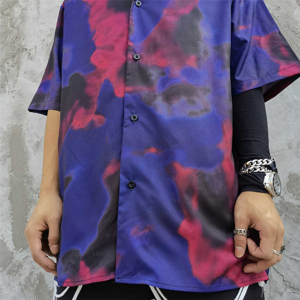 Men Shirts Hawaiian Beach Holiday Harajuku Short Sleeve Casual Shirt Vintage Tie-dye Blue Oversized Summer Top Shirt 210601