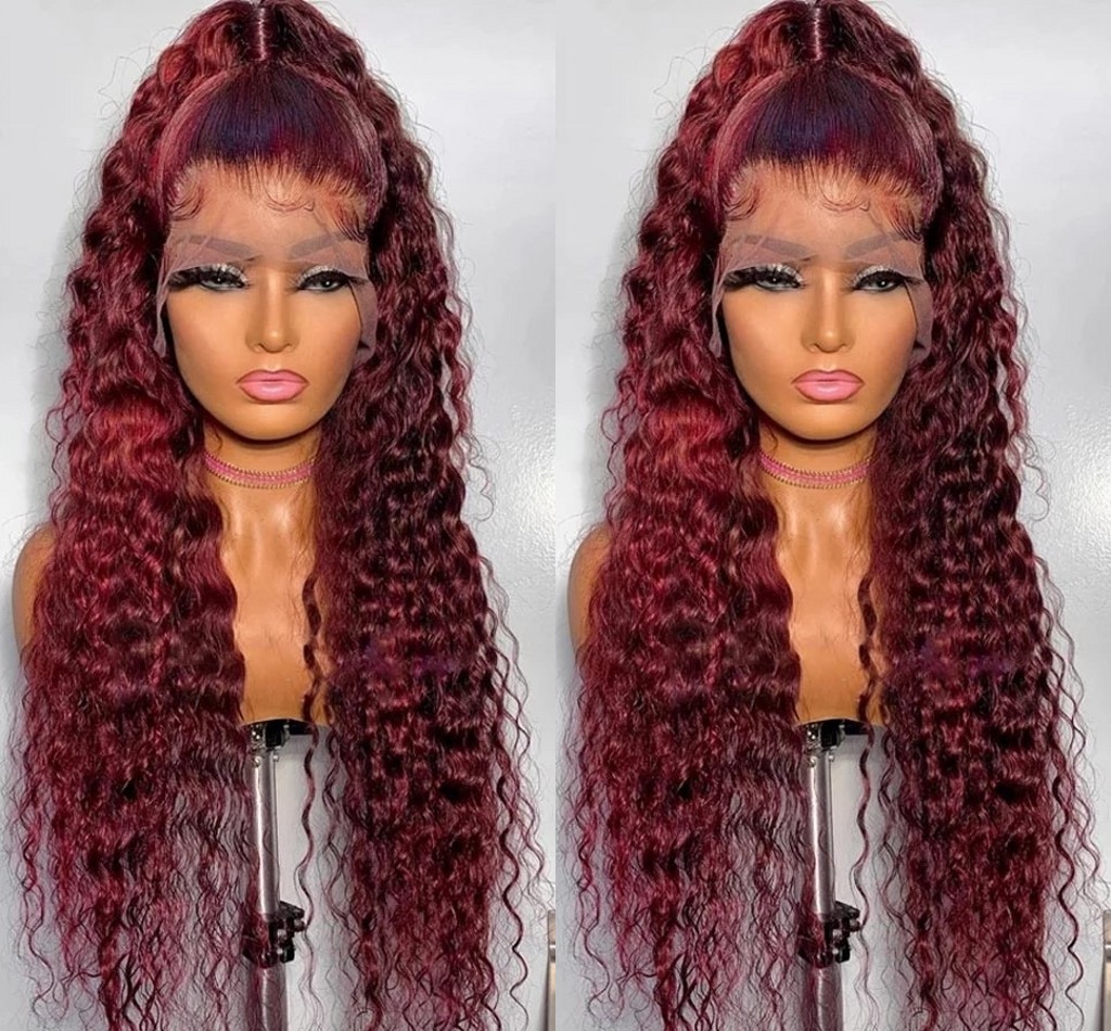 Curly Human Hair Wigs Wine Red Brazilian Remy Deep Wave Full Lace Front Synthetic Wig 180% Pre Plucked