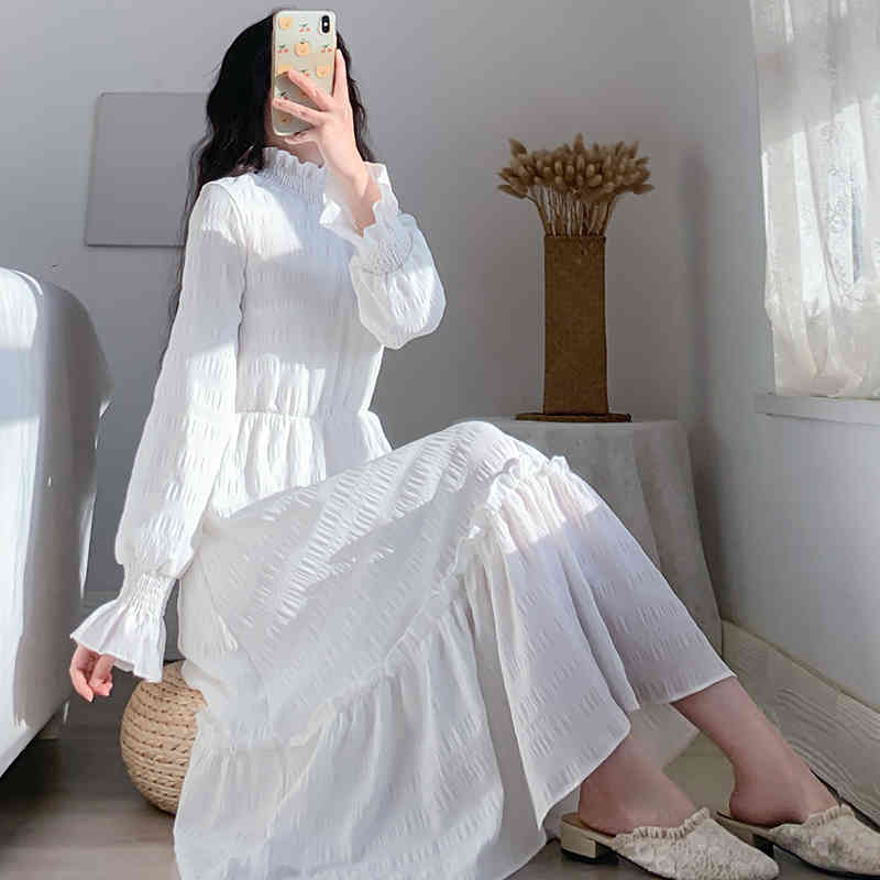 Spring Summer Elegant Women Dresses Flare Sleeve Turtleneck Elastic Waist Party White Dress Mujer Vestidos Drop 210514