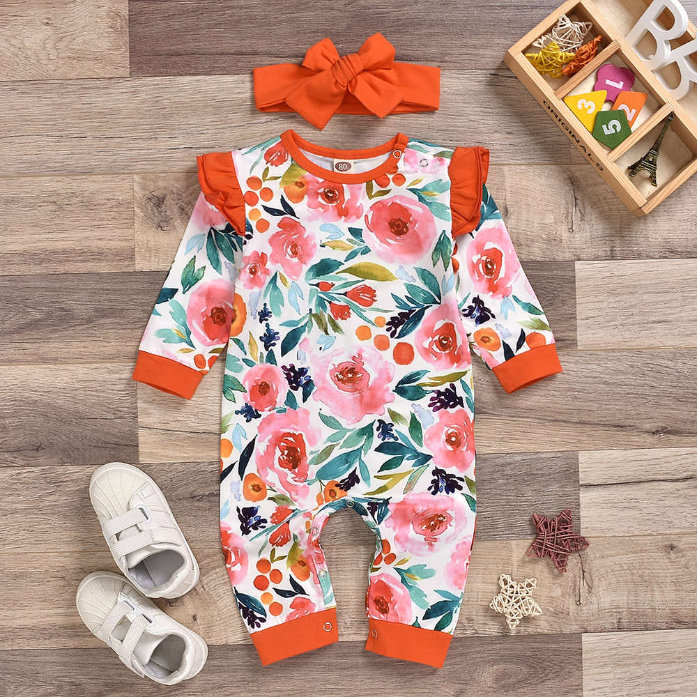 Infant autumn and winter flying sleeve floral long printed one-piece hatsuit + headdress two piece set, White
Infant autumn and winter flying sleeve floral long printed one-piece hatsuit + headdress two piece set, White