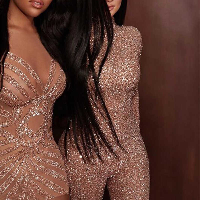 Women's Style Skinny Jumpsuit Long Sleeve Bronzing Sequins Glitter Solid Color Sexy Round Collar Ladies Party Rompers T200509