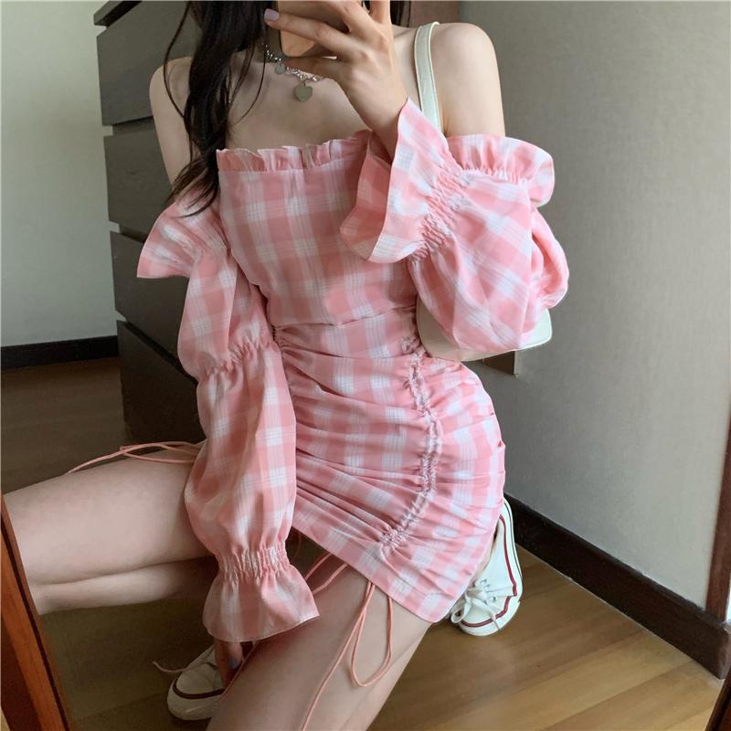 Casual Dresses 2021 Autumn Sexy Waist Puff Sleeves Slimming Shoulder Bag Hip Drawstring Plaid Dress