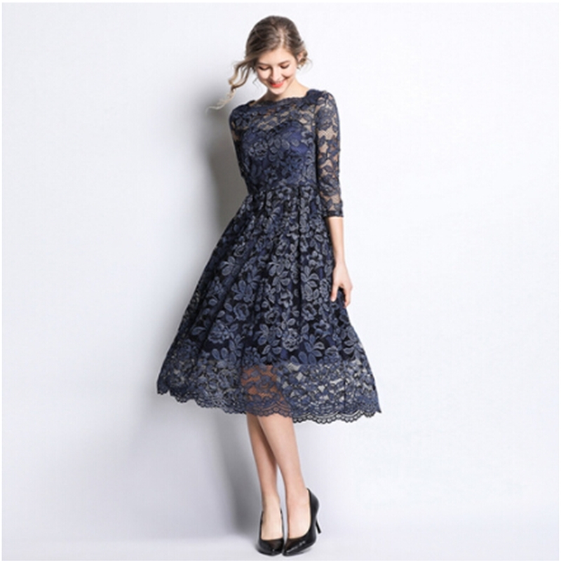 Arrival Spring Fashion Hollow Out Lace Dress Vintage Elegant Slim High Waist Long Dresses Vestidos 210520