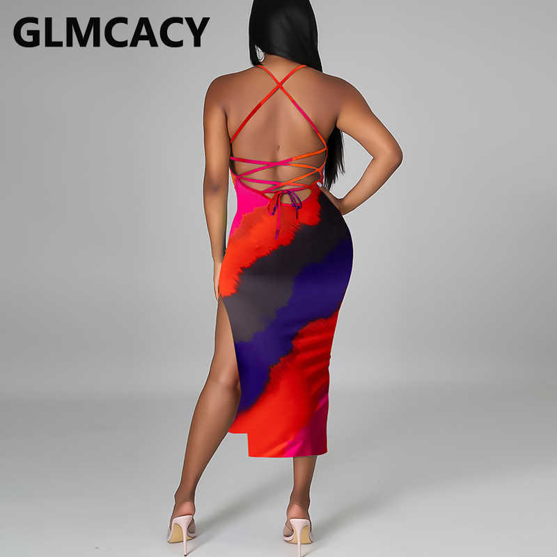 Spaghetti Strap Backless Slim Midi Dress Summer Party Club Dress 210702