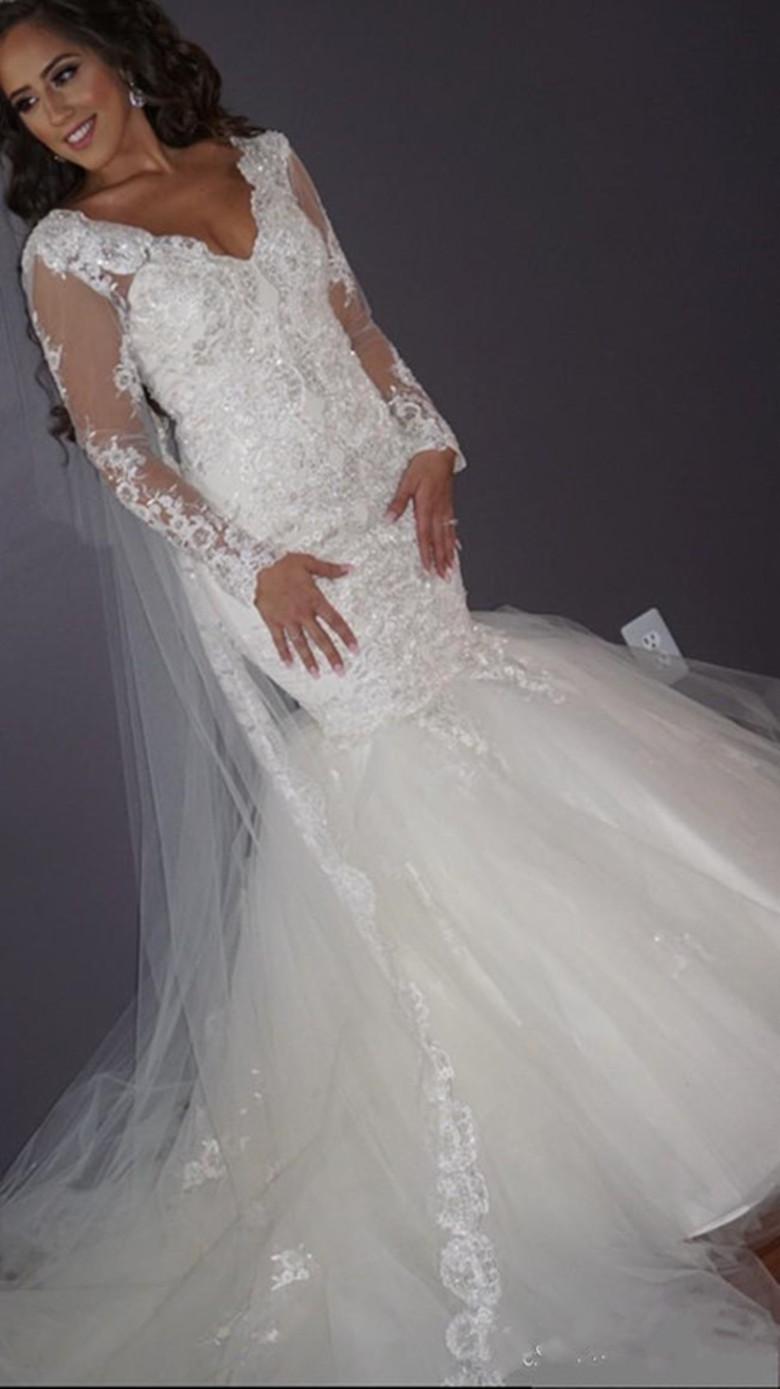 Long Sleeves Mermaid Wedding Dresses Bride Gown Lace Applique Scalloped V Neck Back Sweep Train Tulle Custom Made Plus Size Beaded Vestidos De Novia 4