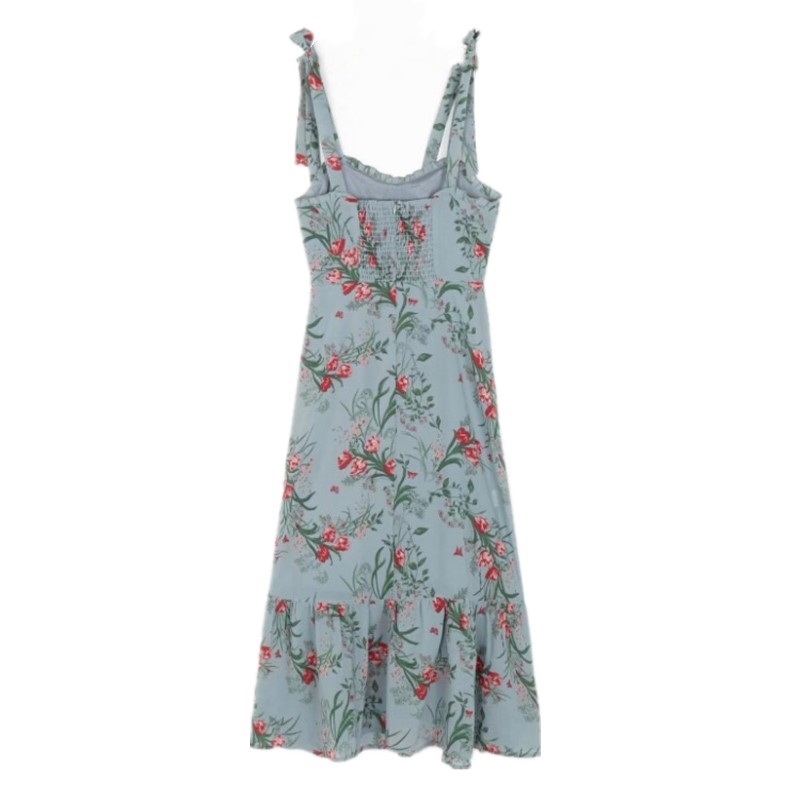 Vintage French Women Dress Ruffle Wood ears Floral Print Tie bow Elastic Spaghetti Strap Mid-Calf Dresses Holiday Female Clothes 210429