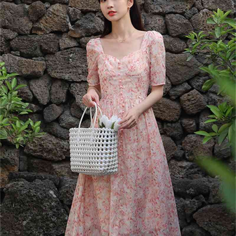 Summer Women Elegant Square Collar Short-Sleeved Chiffon Dress Korean Fashion High Waist Floral Print Vintage Midi Dresses 210519
