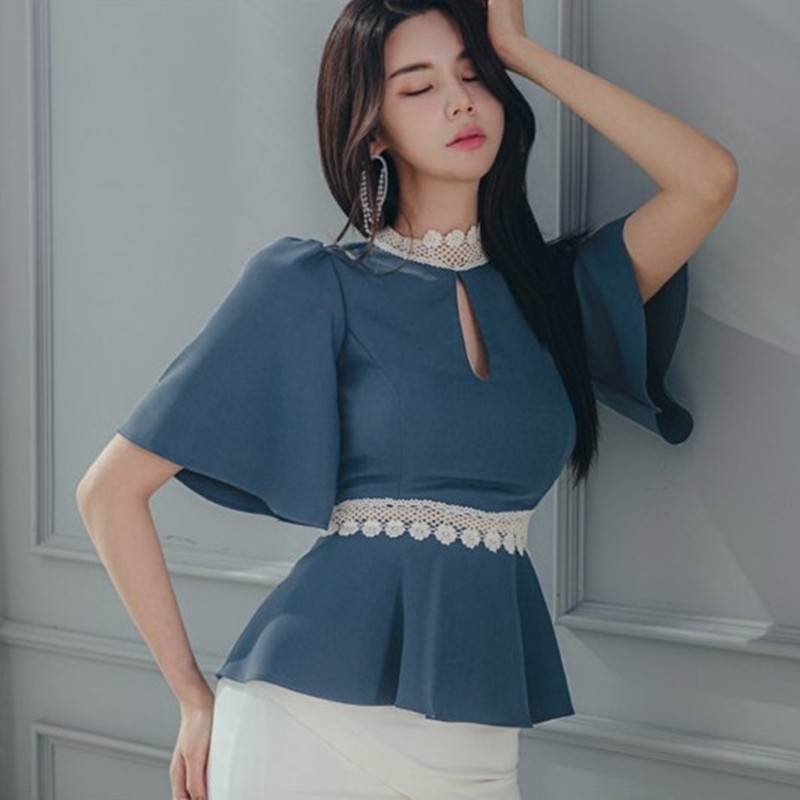 ZAWFL Women Lace Patchwork Flare Sleeve Buttoned Blouse Chic Elegant Summer Office Stand Collar Shirt Chiffon Solid Casual Tops 210525, Blue 
ZAWFL Women Lace Patchwork Flare Sleeve Buttoned Blouse Chic Elegant Summer Office Stand Collar Shirt Chiffon Solid Casual Tops 210525, Blue