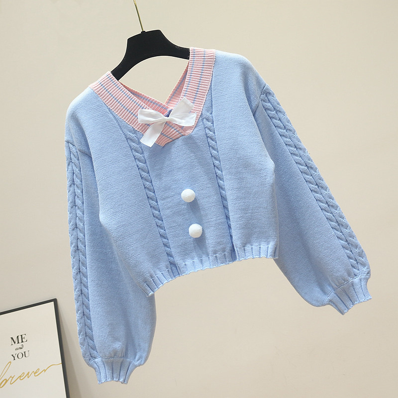 Nomikuma Autumn New Pullover Sweater Korean Hit Color Lantern Sleeve V-neck Knitted Tops Sweet Bowknot Pull Femme 6B931 210427