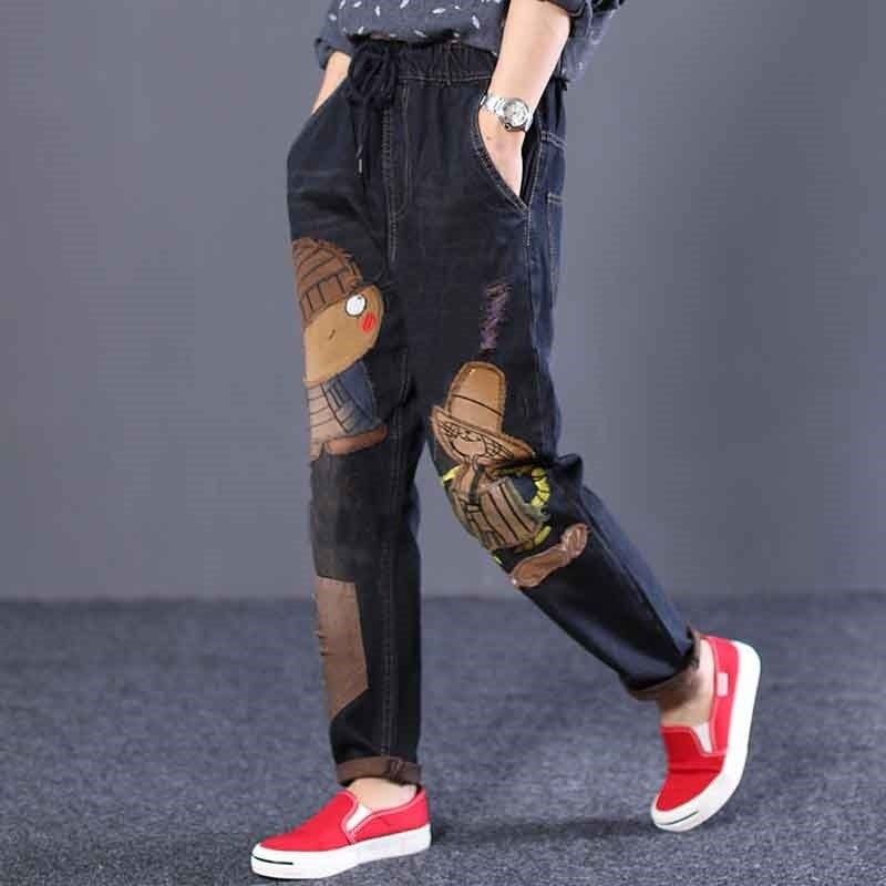 Spring Fashion Women Jeans Vintage Embroidery Patchwork Loose Cotton Denim Harem Pants Ladies Drawstring Ripped Hole D98 210512