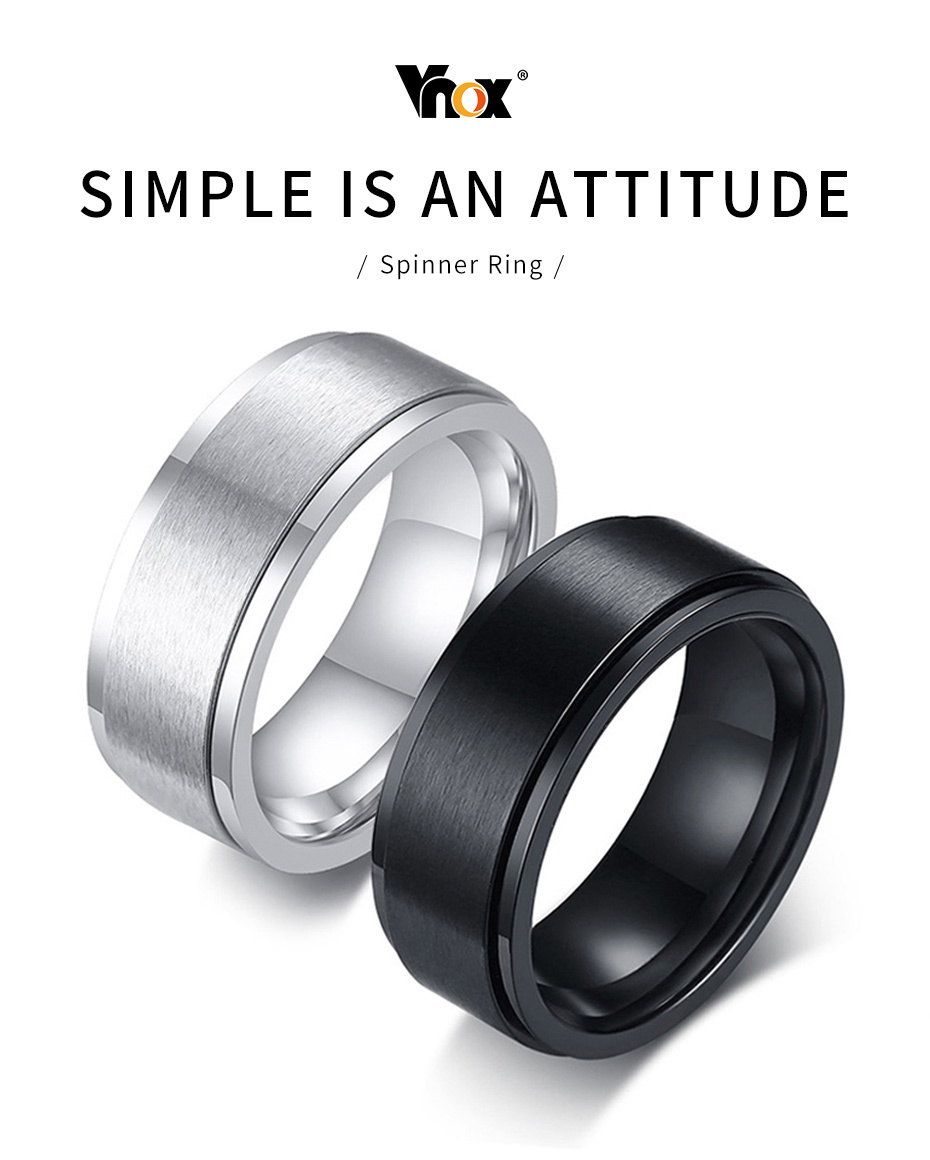 Vnox 8Mm Rotatable Basic Ring For Men Black Stainless Steel Casual Male Anel Stylish Punk Spinner Alliance Jewe