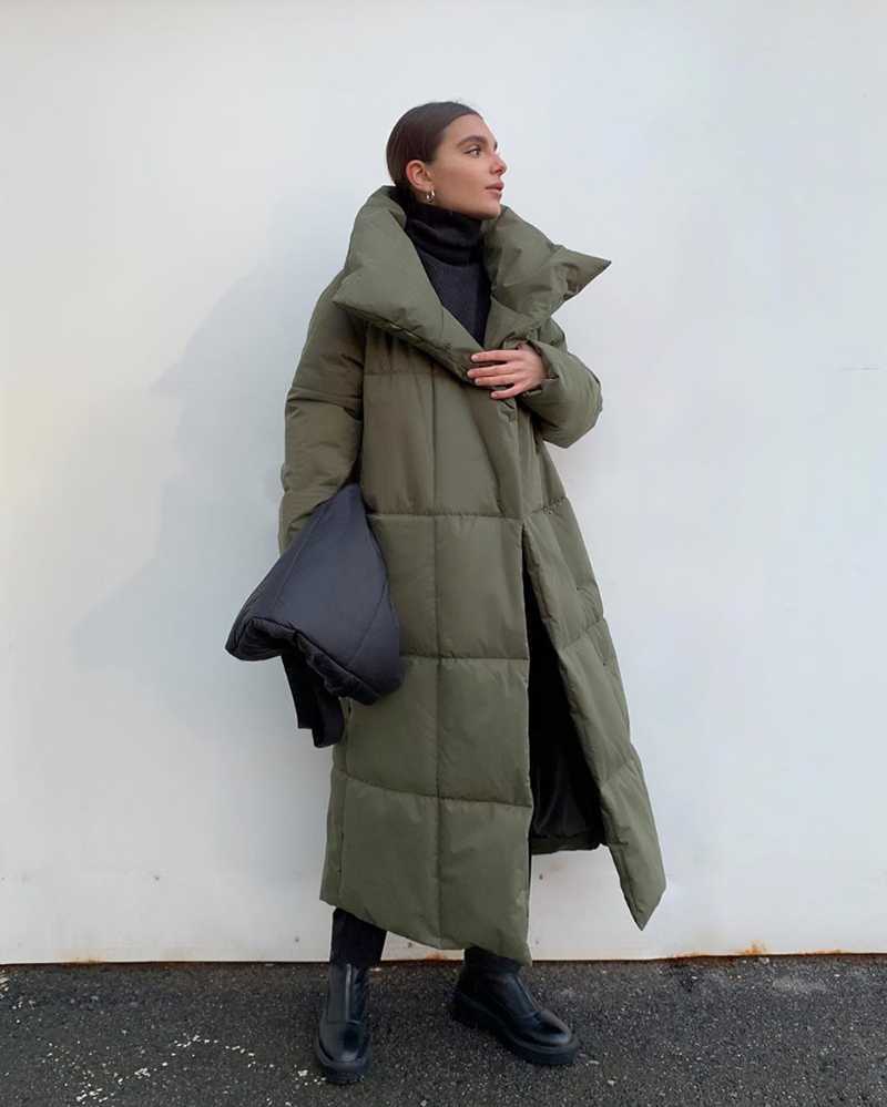 WOTWOY Winter Thickening X-Long Parkas Women Wide-Waisted Loose Cotton Padded Jackets Female Green Grey Sashes Warm Windbreaker 210923