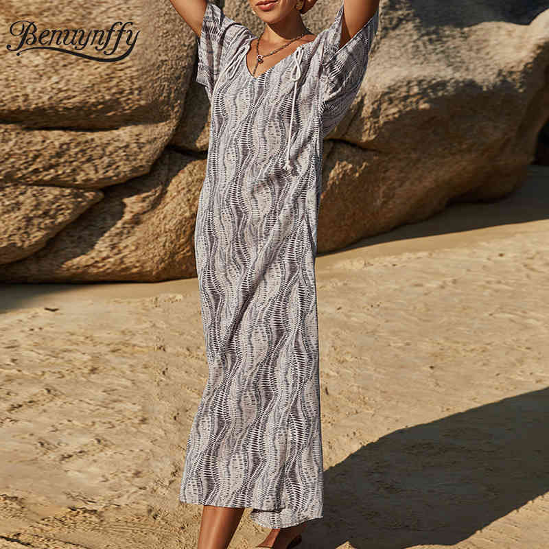 Drawstring V-neck Back Split Long Dresses Women Summer Casual Print Short Sleeve Female Loose Beach Dress 210510