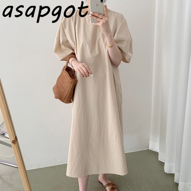 Minimalist Mint Green O Neck Puff Short Sleeve Loose Dress Women Casual Vestido De Mujer Summer Chic Korean Fashion 3 Color 210429