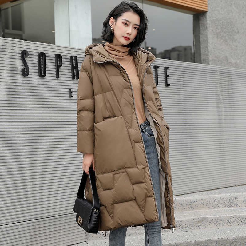 Ailegogo Winter Women Hooded Loose Thick Warm 90% White Duck Down Long Parkas Casual Female Zipper Pocket Coat Snow Outwear 211013