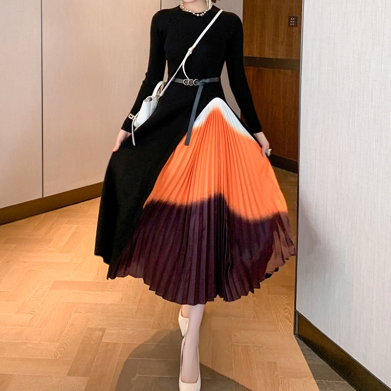 Autumn Winter Vintage Elegant Knit Long Sleeve Midi Work Office Lady Pleated Dress Slim Formal Gradient Women Clothes 210520