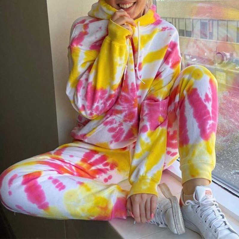 Femme Hoodies Sweatshirt Tie Dye Loose Two Piece Set Pants Lounge Wear Women Tracksuit Blue Outfits Winter Chandal Autumn Mujer 210709