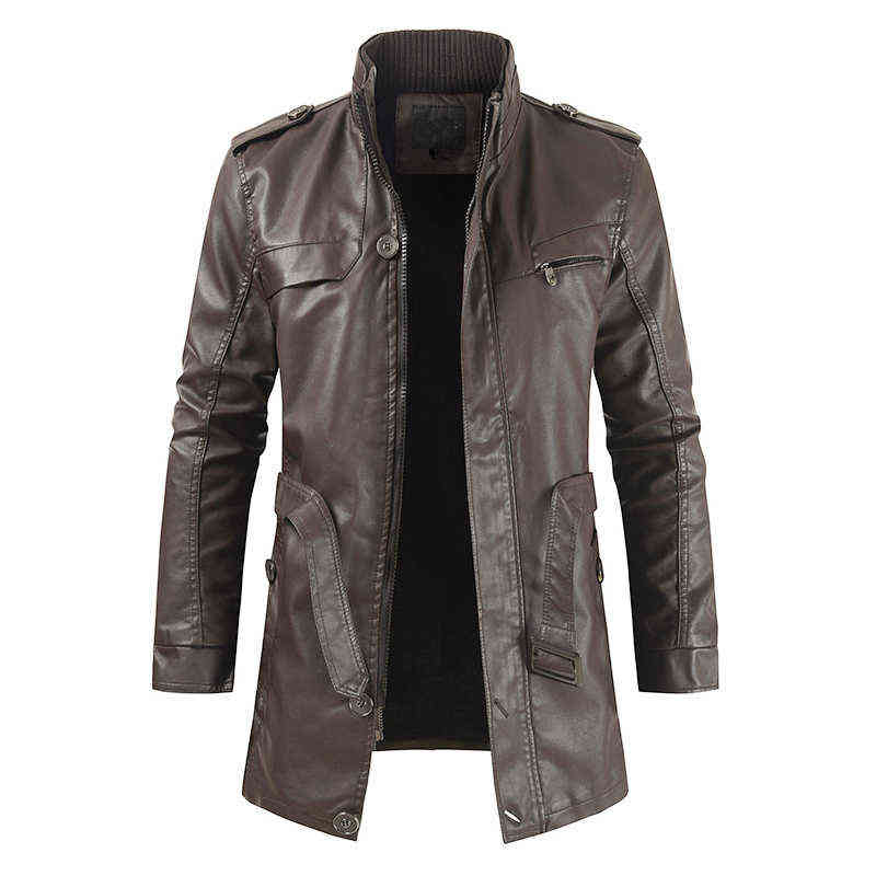 Oumor Men Autumn Fashion Long Warm Fleece Leather Jacket Coat Men Winter Casual England Style Vintage Leather Jacket Parkas Men 211111