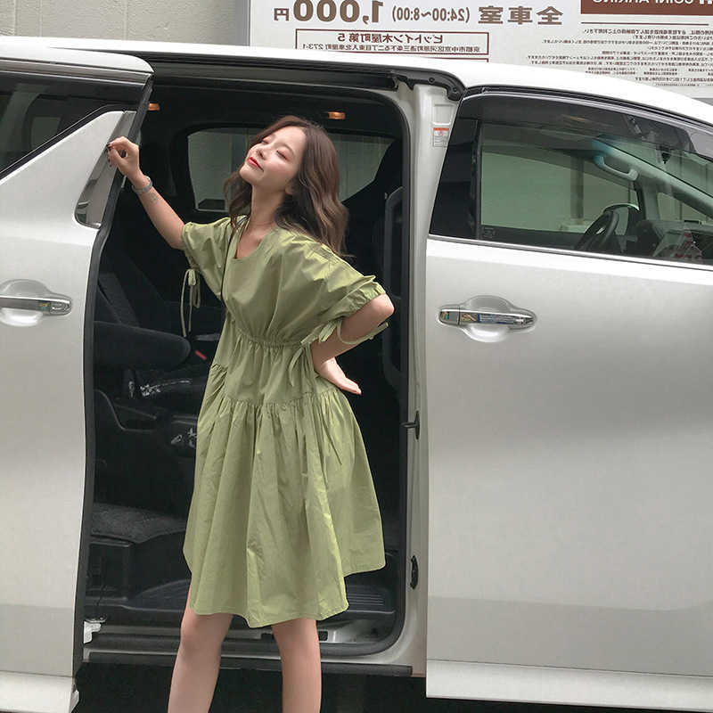 Summer Sweet Fresh Silm Waist Bandage Cute O-neck Folds Dresses for Women Fashion Office Lady Vestidos Female 210525