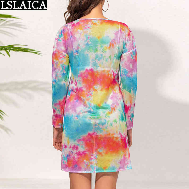 Summer Dresses for Women Long Sleeve V Neck Tie Dye Plus Size XS-5XL Clothing Mesh See Through Sexy Dress 210515