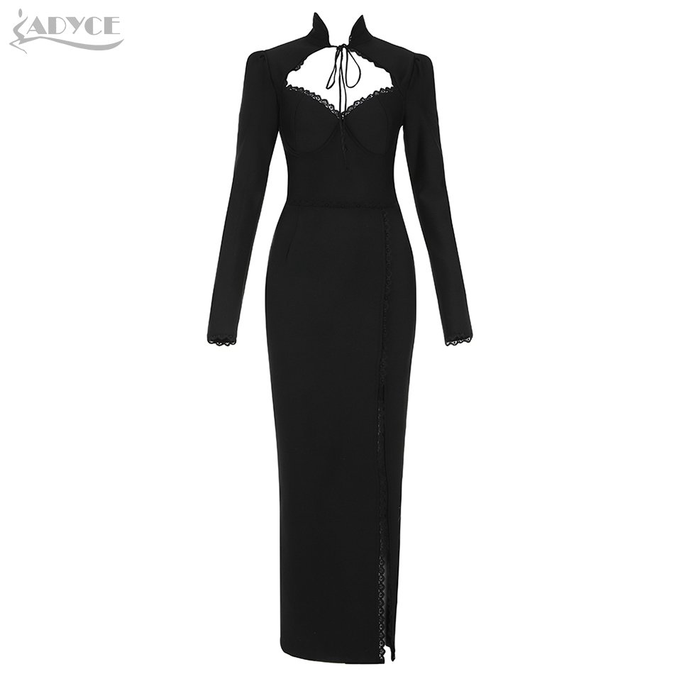 Black Lace Long Sleeve Women Midi Bodycon Bandage Dress Winter Celebrity Evening Club Party Ladies Maxi Dresses 210423