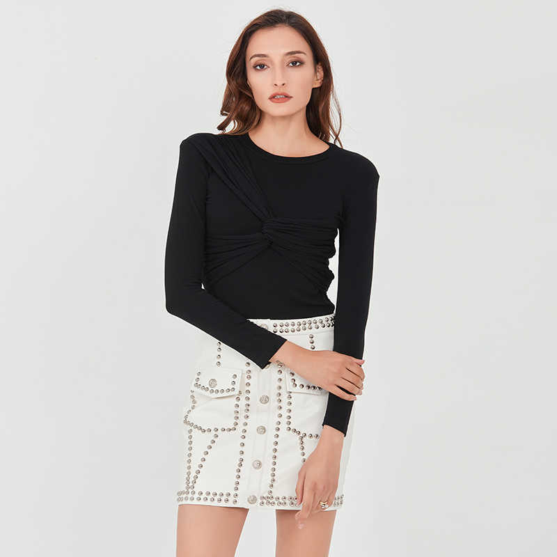 Black T-Shirt: Slim Long Sleeve Ruched Sexy Solid Top For Women