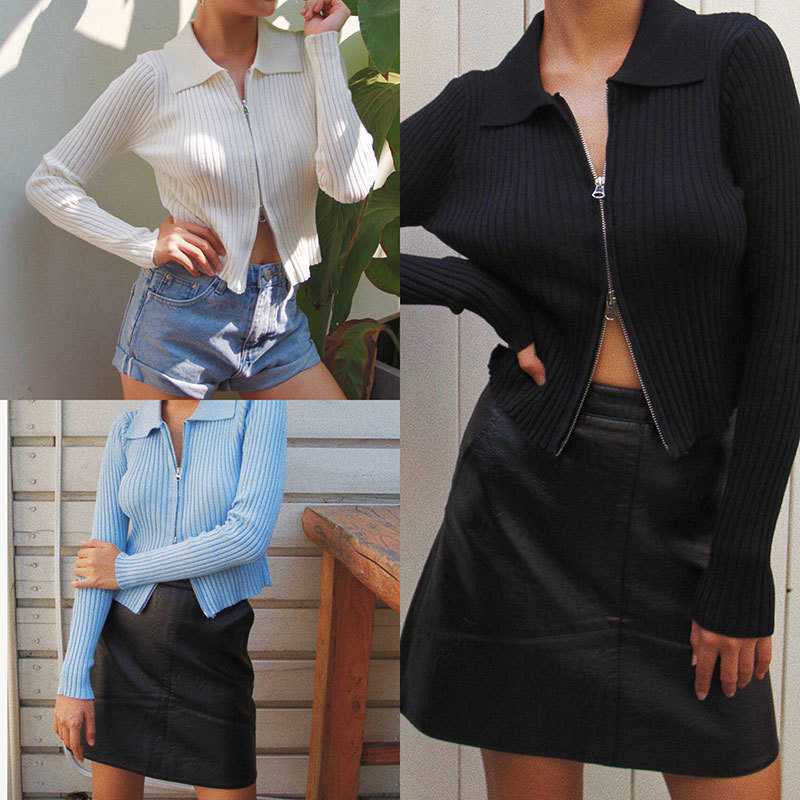 Ladies' Kawaii Zip-Up Cropped Cardigan Sweaters In Knitted Design For Fall/Winter