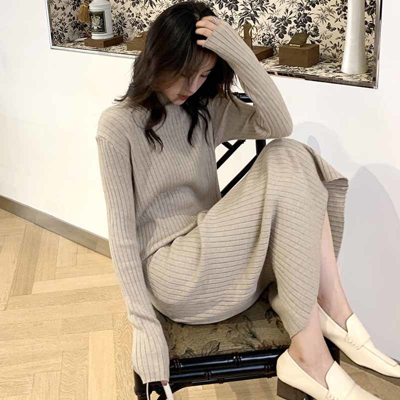 Autumn Elegant Mid-calf Dress Long Half Turtleneck Women Winter Knitted Jumper Solid Wool Korean Clothes Chic 11952 210510