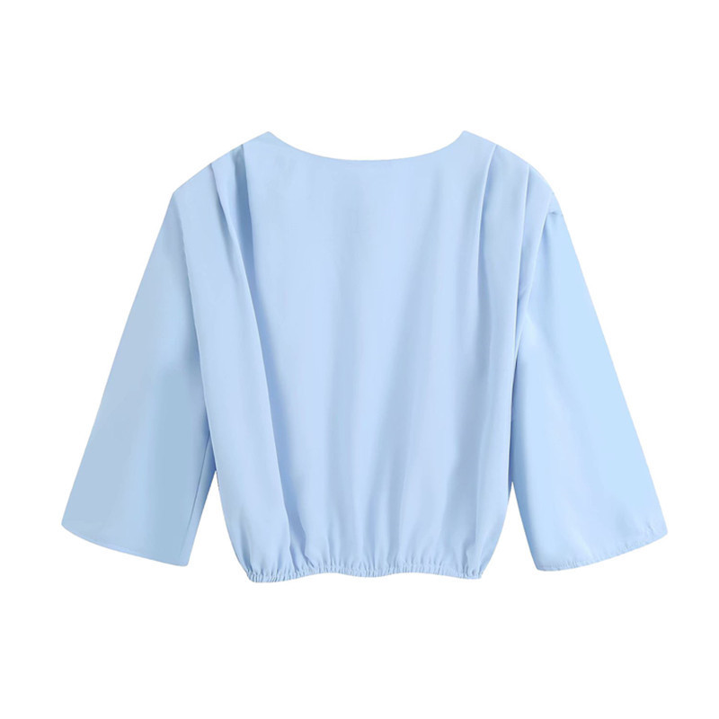 Women Fashion Chic Shoulder Pads Pleated Cropped Blouses Vintage O Neck Elastic Hem Shirts Girls Chic Tops 210520