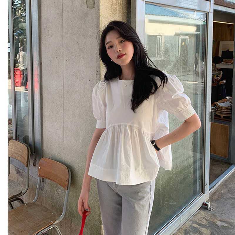Korean Version Sweet Cute Round Collar Bubble Short Sleeve Shirt Summer Solid Cotton White Blouse Blusa Feminina 14038 210528