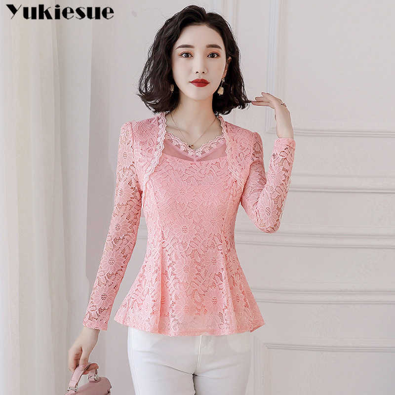 fashion women blouse solid lace OL office longsleeved shirts white elegant tops hollow s 210608