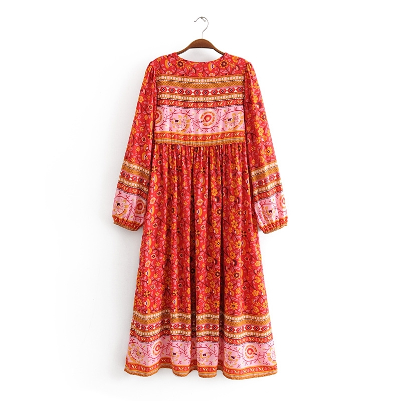 beauty Fashion Boho Floral Print Maxi Dress Women Holiday Chic Bow Tie O-neck Long Dresses Female Loose Beach Wear 210514