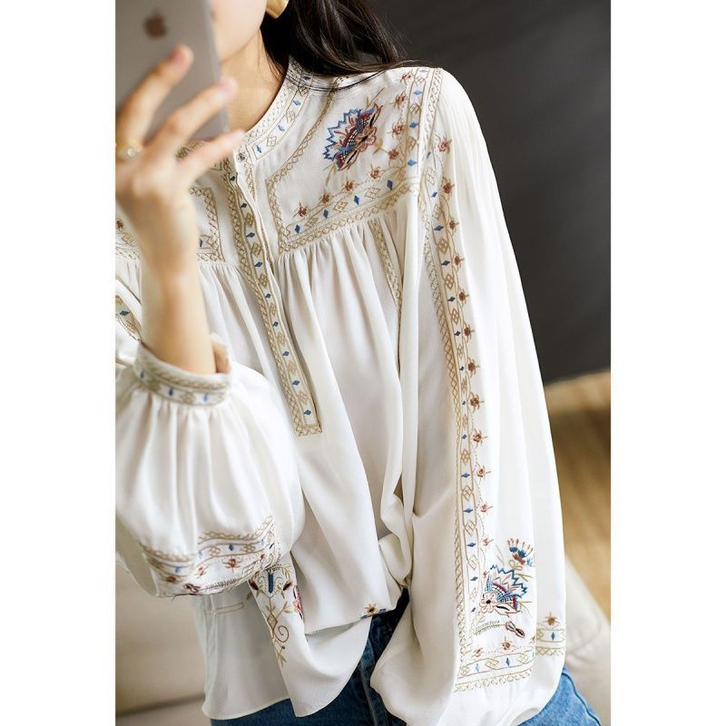 Lady Large Size Fashion Printed Shirt Women's Spring Summer New Retro Bohemian Long Lantern Sleeve Elegant Blouse Tops P191 210317