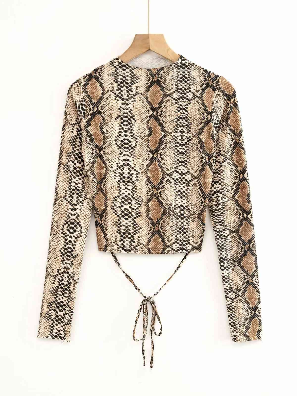 Women T Shirt Hollow Out Bandage Leopard Long Sleeve Vintage Cotton Serpentin -shirts Sexy ops 210524