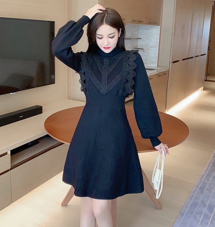 Autumn Winter Elegant Lace patchwork Sweater Dress Vintage Women lantern Long Sleeve A Line thick Knit chic mini female 210519