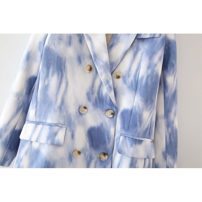 fashion women blue print blazer office ladies double breasted jackets casual female pocket suits girls chic sets 210430