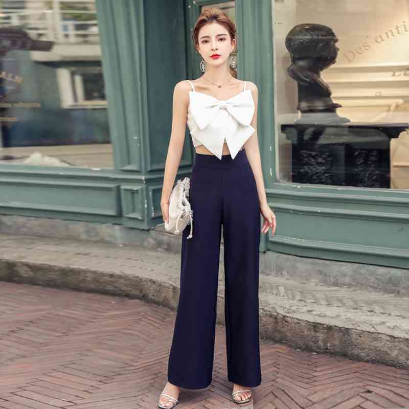 Summer Fashion Women Two Piece Sets Sexy Spaghetti Strap Short white Bow Top +High Waist Black Pants Suit 210520
