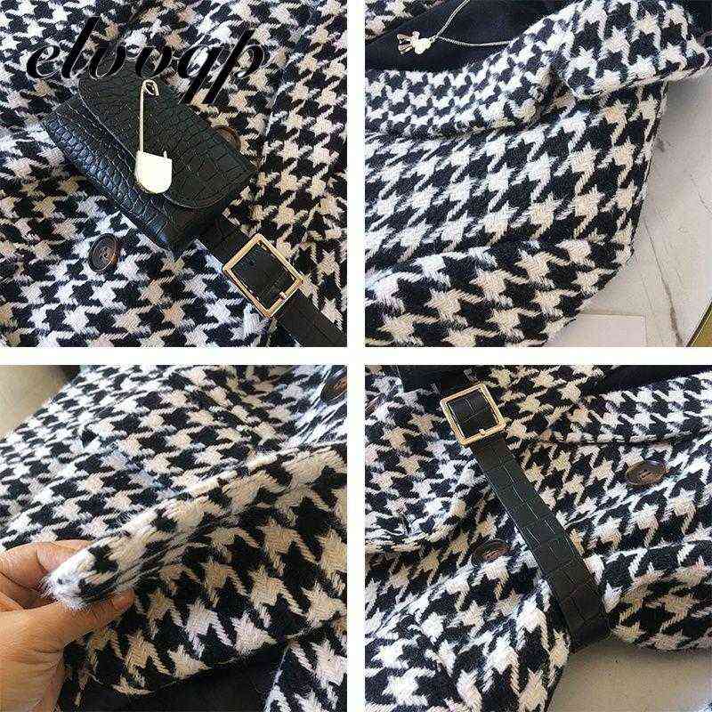 Autumn Winter Blazer Woolen Coat Women Fashion Elegant Double Breasted Houndstooth Thick Office Work Jacket Suit With Waist Bag 211116