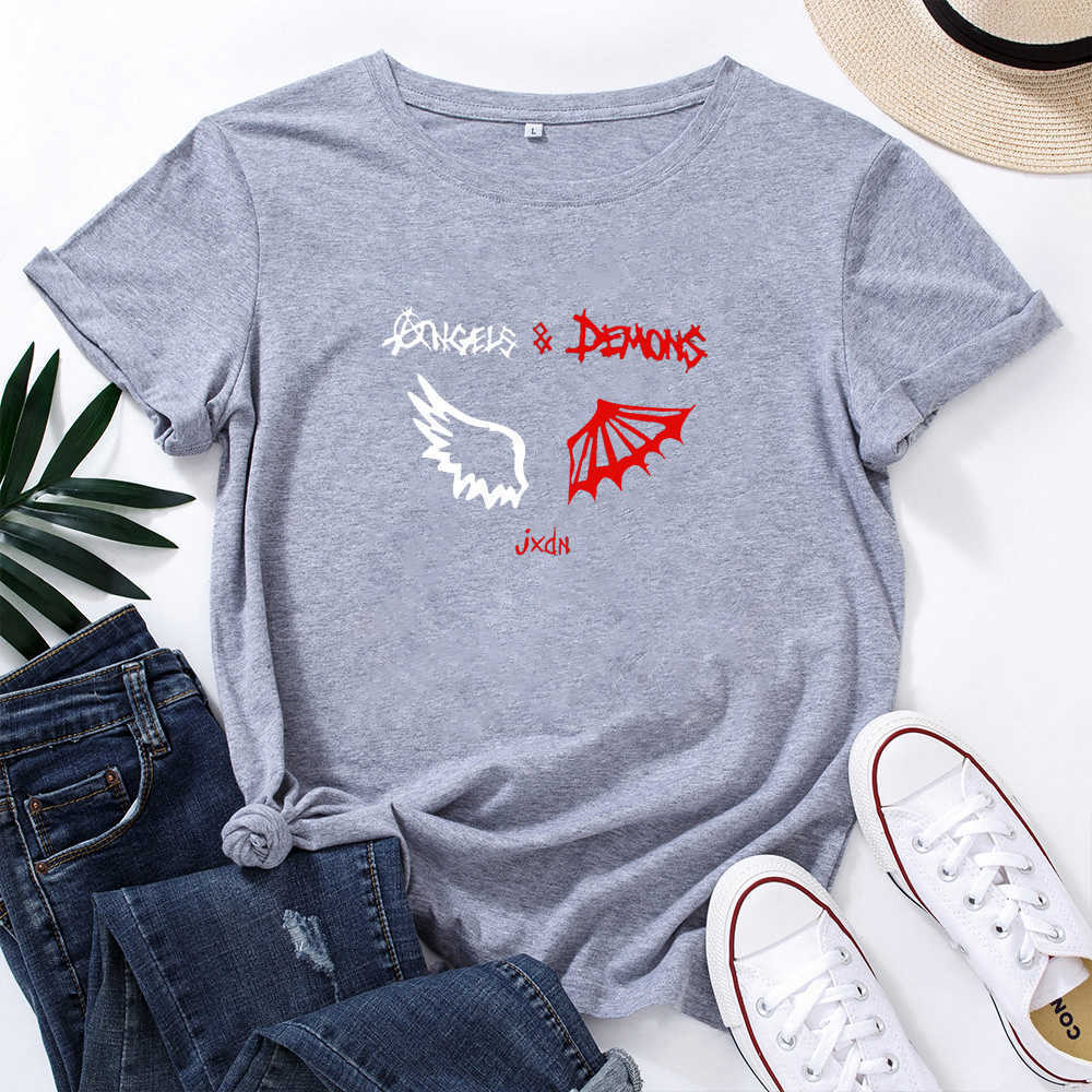 Angels&demons Jxdn Tshirt Women Cotton Short Sleeve O-neck T Shirt for Women Black White Letters Personalized T-shirt Women 210527