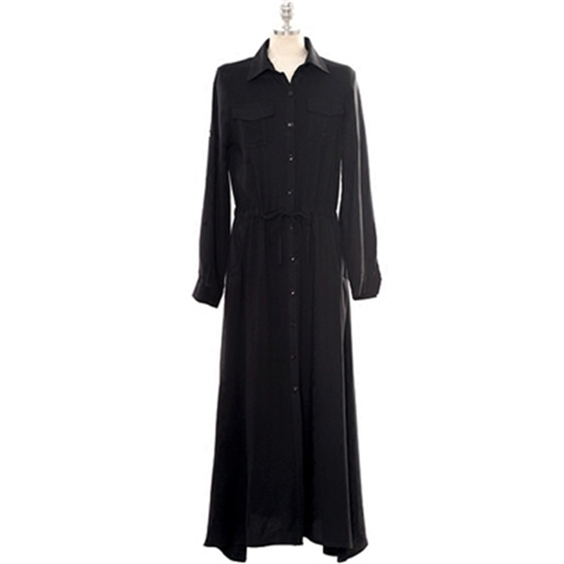 Korean Fashion Solid Long Shirt Dress Women Single-breasted Splitting Ol Style Casual Pleated Dresses Vestidos Black Blue 210518