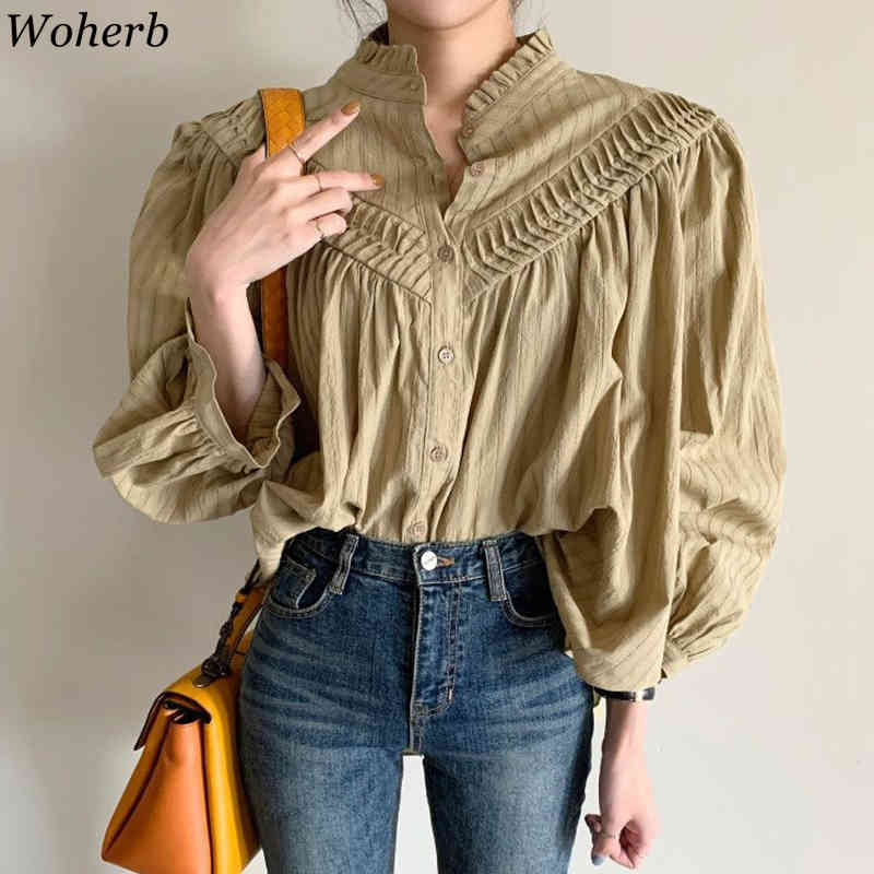 Korean Shirts Women Blusas Mujer De Moda Fashion Ruffles Stand Neck Pleated Blouses Lantern Sleeve Loose Blouse Tops 210519