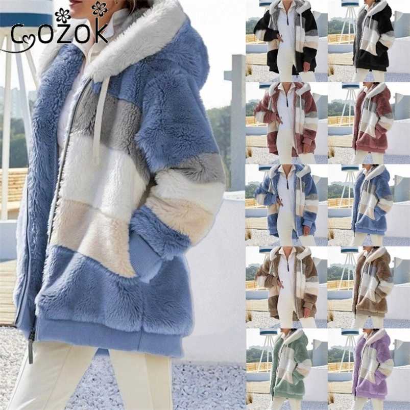5XL Women Hooded Jacket Warm Plush Casual Loose Hooded Coat Mixed Color Patchwork Winter Outwear Zipper Ladies Coat 220112