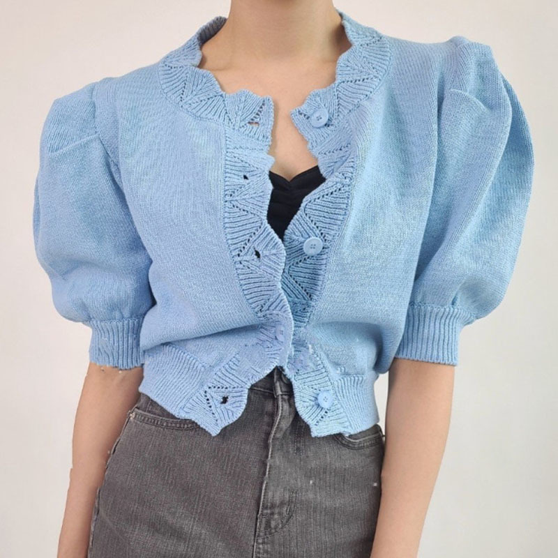 Lucyever Button Up Puff Sleeve Knitted Cardigan Women Summer Casual Streetwear Thin Sweater Woman Short Sleeves Vintage Cardigan 210521