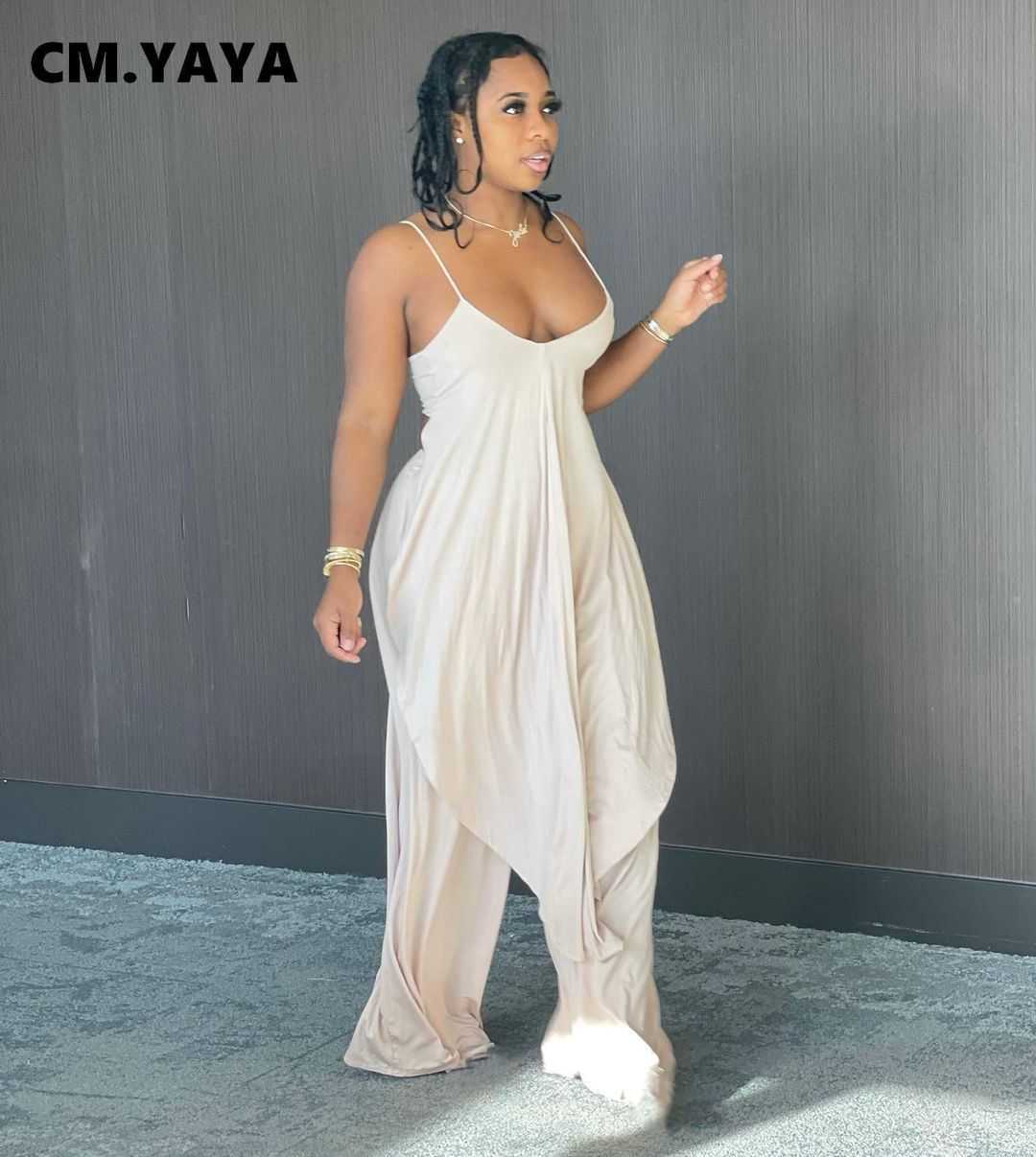 CM.YAYA Women Sets Solid Sleeveless Spaghetti Strap Back Hollow Out X-long Tops Loose Floor-length Pants 2 Piece Set Summer 2021 Y0625