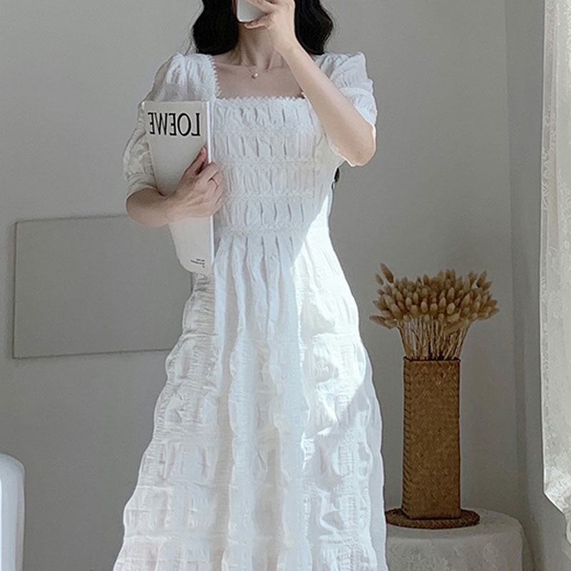 Dress Korean Folds Puff Sleeve Square Collar Midi Dress Women Evening Party Female Dress Summer Vintage Elegant 210521